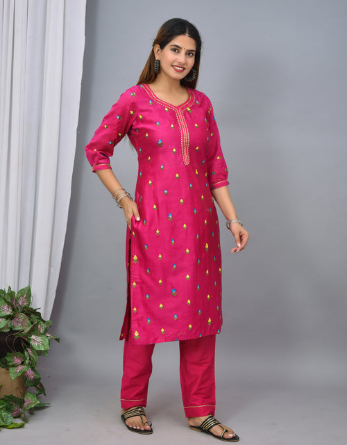 Rani color silk suit embroidery organza dupatta