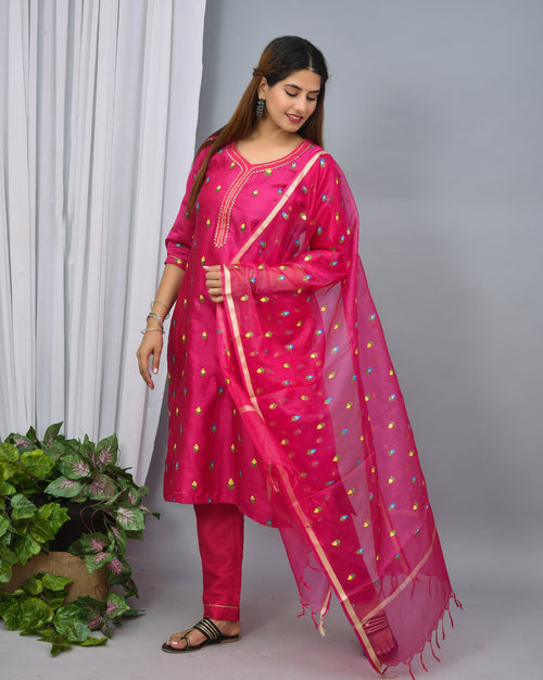 Rani color silk suit embroidery organza dupatta