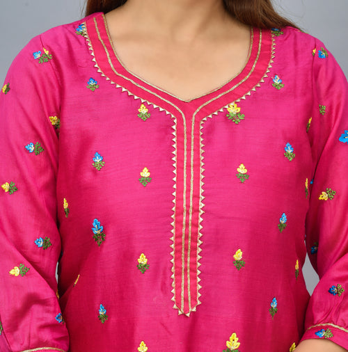 Rani color silk suit embroidery organza dupatta