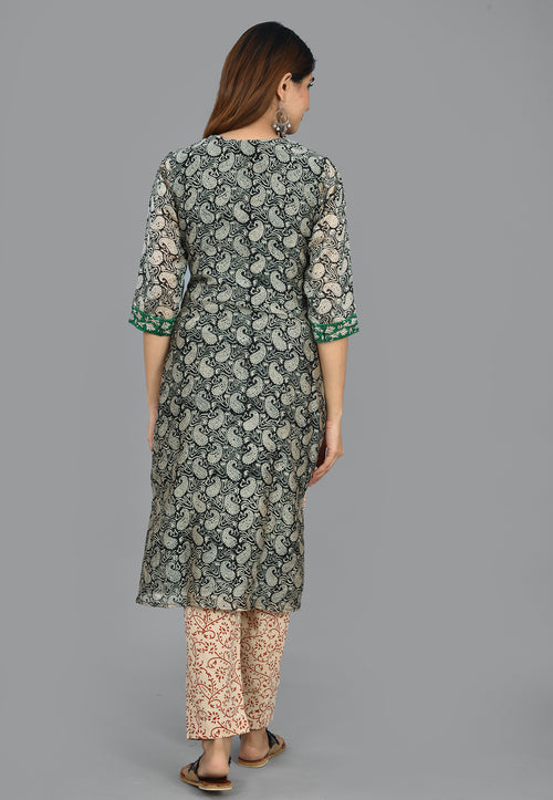 Black Chanderi Block Print Stitched Suit With Chanderi Dupatta