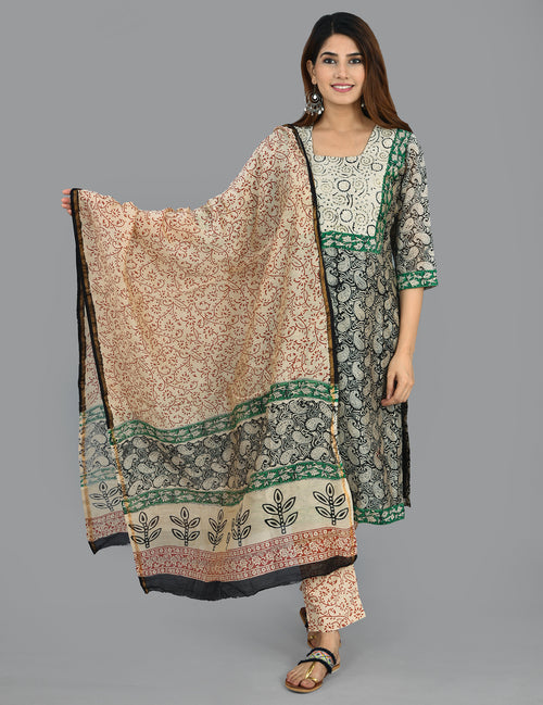 Black Chanderi Block Print Stitched Suit With Chanderi Dupatta