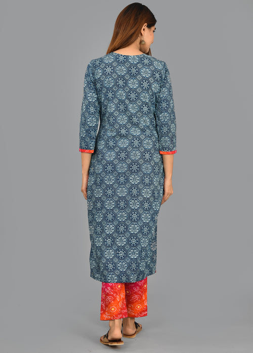 Designer Indigo Beautiful Cotton  Suit With Kota Dupatta