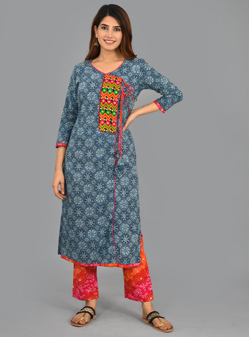 Designer Indigo Beautiful Cotton  Suit With Kota Dupatta