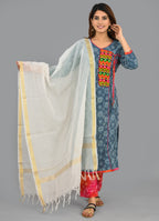 Designer Indigo Beautiful Cotton  Suit With Kota Dupatta