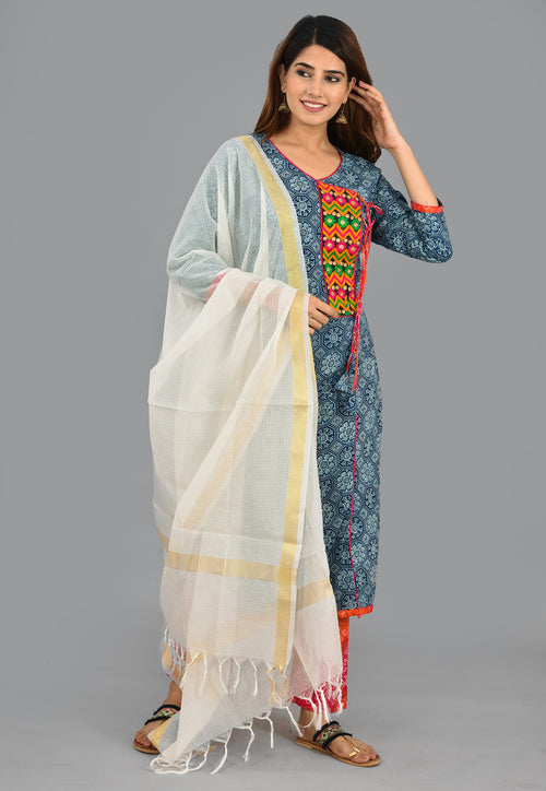 Designer Indigo Beautiful Cotton  Suit With Kota Dupatta