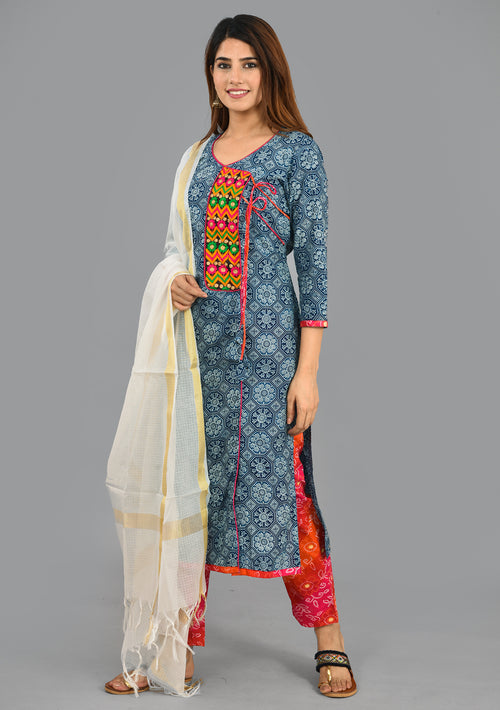 Designer Indigo Beautiful Cotton  Suit With Kota Dupatta