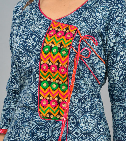 Designer Indigo Beautiful Cotton  Suit With Kota Dupatta