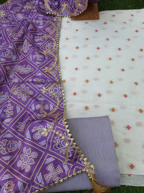 White color  banarasi suit with  chinnon silk patola print Dupatta